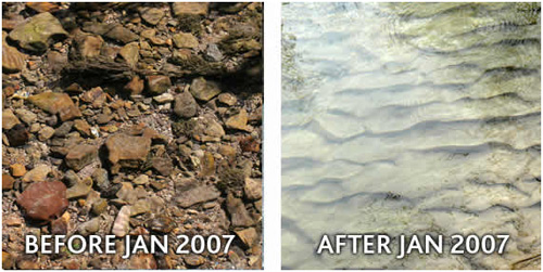 Residue on the river bed before and after the pollution