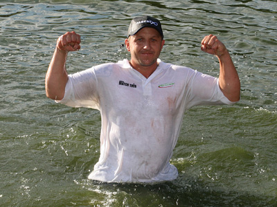 Bait-Tech's Les Thompson taking a dip after his Match This victory