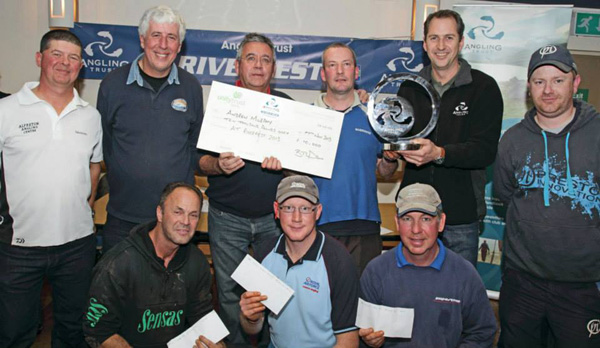 RiverFest founder Dave Harrell and Angling Trust boss Mark Lloyd present the cheques and trophy to the winners of a great two day final on the Wye at Hereford