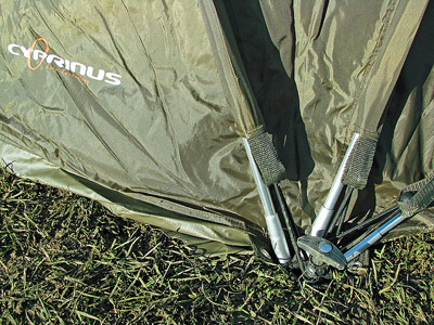 It’s anchored to the floor with the supplied T-handle, spiral-point pegs which come in a handy pierce-proof bag.