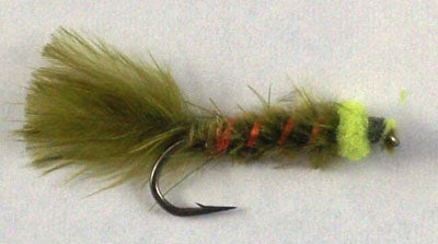 As taught to me by John Gilpin. Note how the chenille body has been replaced by marabou.  The body is still quite chunky as it